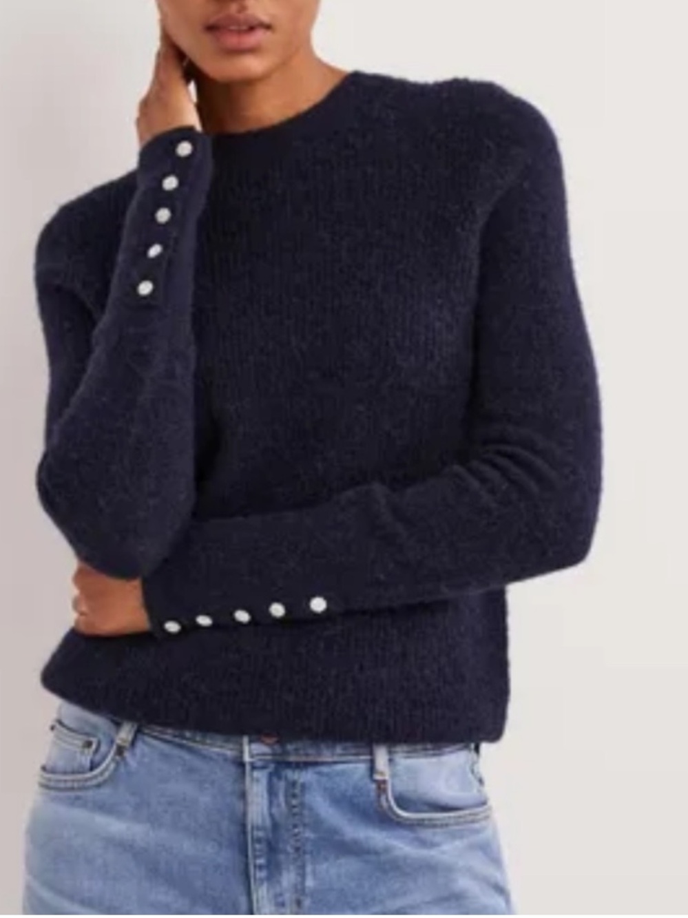 Boden Jewel Button Cuffs Fluffy Alpaca Blend Pullover Sweater Navy Blue